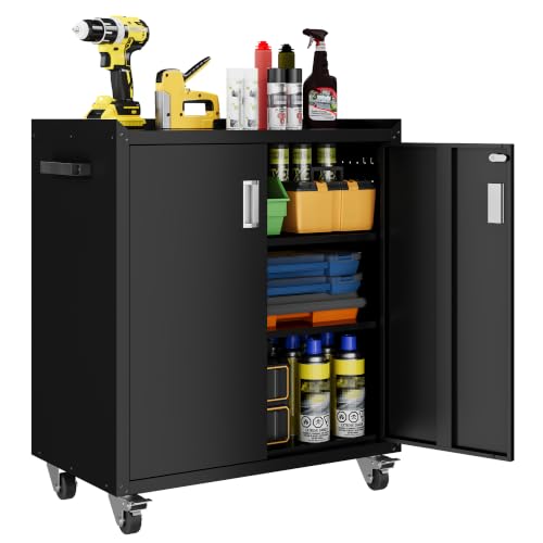 LCAOPC Metal Storage Cabinet with Wheels - Lockable, Rolling Tool Cabinet for Home, Office, Garage & Workshop - Black