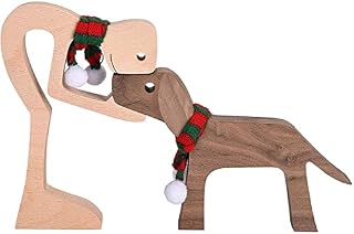 Family Puppy Wooden Carving Ornaments, Natural Solid Wood Pet Dog Family Crafts Sculpture, Hand-carved Figure Creative Gifts for Home, Office, Living Room (Man and Dog Scarf)