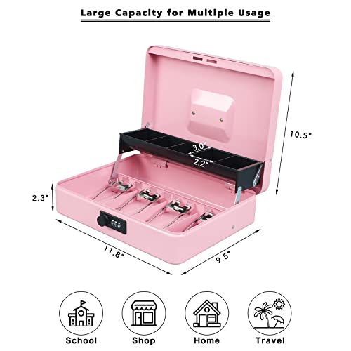 Image of xydled Cash Box with Combination Lock, Metal Money Safe Storage Box, Pink