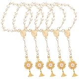 KOMBIUDA 5 Stück Taufperlen Armband aus Kunstperlen mit Kreuz und Kelch Anhänger Religiöses Gebetsarmband für Babyparty und Christliche Feier Elegante Partydekoration für Frauen