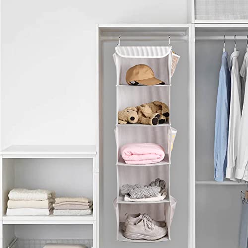 Image of BrilliantJo Hanging Storage with 5 Shelf Set of 1 Wardrobe Closet Organiser, Storage Rack Unit with 6 Pockets for Clothes - (Grey Strip, 5-Shelf)