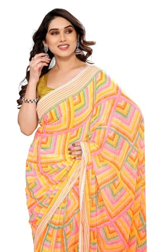 Image of ROOP SUNDARI SAREES Readymade Pleated Pre Drape Stitched Floral Printed Georgette Saree For Women's With Lace Border & Blouse(Ready To Wear One Minute)