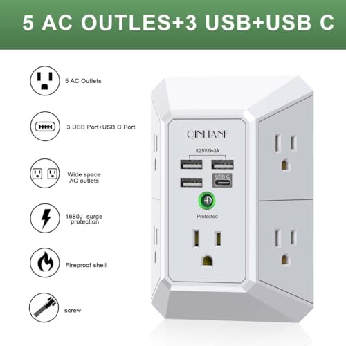 Wall Charger, Surge Protector, QINLIANF 5 Outlet Extender with 4 USB Charging Ports, 3-Sided 1680J Power Strip Multi Plug Adapter Spaced for Home Travel Office - 1
