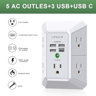 Wall Charger, Surge Protector, QINLIANF 5 Outlet Extender with 4 USB Charging Ports, 3-Sided 1680J Power Strip Multi Plug Adapter Spaced for Home Travel Office