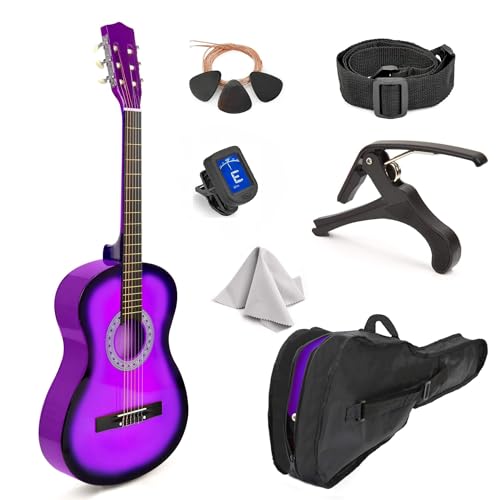 Left Handed Acoustic Guitar For Kids By MasterPlay- 30” Beginner Guitar For Learners- Accoustic String Starter Kit: Guitar Bag, Tuner, Strap, Extra Strings, Picks, Wash Cloth, Capo (Purpleburst)