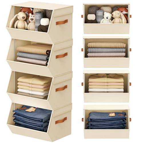Stackable Closet Organizers and Storage Bins, Open Front Closet Shelf Organizer System With Steel Frame, Clothes Storage Basket Fabric, Collapsible Closet Drawers for Wardrobe, Nursery ,Toy, 4 Pack