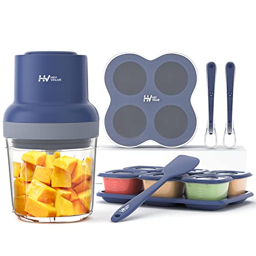 Image of Baby Food Maker, HEYVALUE 13-in-1 Baby Food Processor Set for Fruit, Vegatable, Meat, Baby Food Blender with Baby Food Containers, Baby Food Freezer Tray, Baby Spoons, Silicone Spatula (Dark Blue)