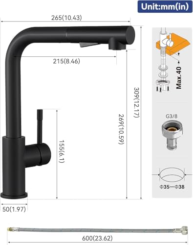 Miniatura 4 de Sofetiy Fregadero De Granito Negro 70x45 Cm Con Grifo Mezclador Y Juego De Ducha Extraíble, Fregadero De Cocina Rectangular Para Mueble Bajo De 70 Cm, Fregadero De Cocina Con Accesorios De Drenaje