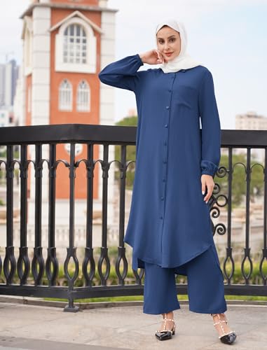 Image of IDOPIP Abaya Dress for Women Muslim Set Long Sleeve Chiffon Islamic Dress Shirt with Pants 2PCS Dubai Prayer Casual Clothes