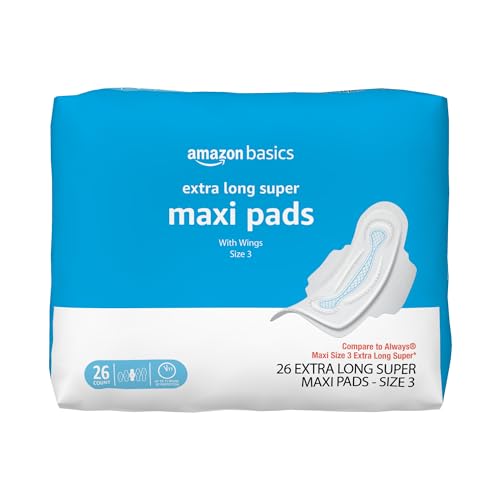 Image of Amazon Basics Thick Maxi Pads with Wings for Periods - Extra Long Length, Super Absorbency, Unscented, Feminine Pads, Size 3, 26 Count