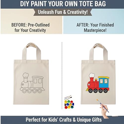 Image of (Pack of 10)- DIY Eco-Friendly Canvas Tote Bags for Kids- Pre-Outlined Designs for Painting | Perfect Return Gift for Kids Birthday Party | Reusable Cotton Bags (Includes Paint and Brush) Brand: Generic (Design-2 with Paint and Brush)