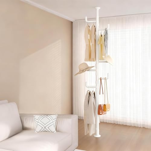 Adjustable Floor to Ceiling Clothes Rack, Space-Saving Telescopic Pole with 6 Hooks for Clothes, Scarves, Bags, Perfect for Bedroom, Balcony, Bathroom, No Drilling Easy Install,Full White