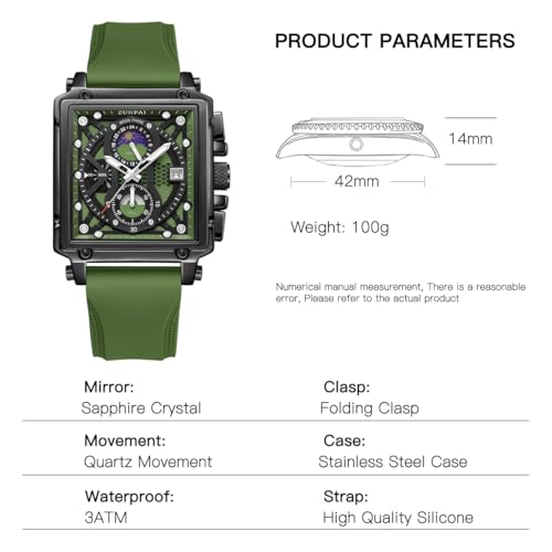 Image of ZUNPAI Moon Phase Watch for Men Multifunction Chronograph Dial Analog Quartz Square Wristwatch Business Dress Watch with Luminous Waterproof Calendar Silicone Strap