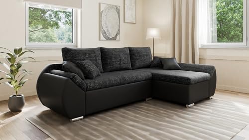 mb-moebel Canapé d'angle convertible Alex avec Pouf - Combinaison moderne de tissu structuré et simili cuir, pratique et confortable - Droite, Noir (Lawa...