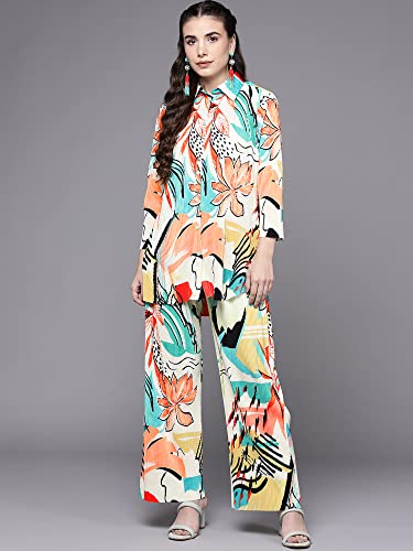 Image of INDO ERA Women's Silk Blend Tunics Printed Top with Pant Lounge Wear Night Dress (LWCD0ML1011 Cream S to XXL-Size)