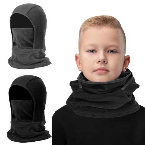 Fogrime - 2 Pack Kids Balaclava Face Mask for Boys Girls,Windproof Winter Hat Ski Mask for Cold Weather Face Warmer for Skiing (CA/US, Alpha, One Size, Black+Dark Gray)
