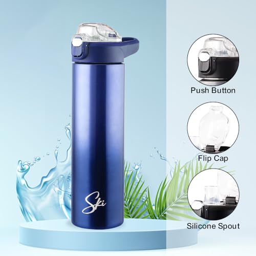 Image of SKi Homeware Stainless Steel Sipper Water Bottle with Push Button Flip-Top Cap, 750ml, for School, Office, Gym, Travel, Adults & Teens, Leakproof, Rust Free, Dual Colour Grey Gradient (Marco-Blue)