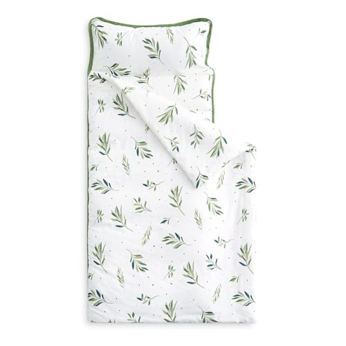 Wake In Cloud - Toddler Nap Mat with Pillow and Blanket, 100% Cotton Fabric, for Kids Girls in Daycare Kindergarten Preschool, Floral Botanical Flowers, White Green, Standard