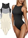 OQQ Women's 3 Piece Bodysuits Sexy Ribbed One Piece Sleeveless Halter Neck Tops Leotard Summer Trendy Black Grey Beige