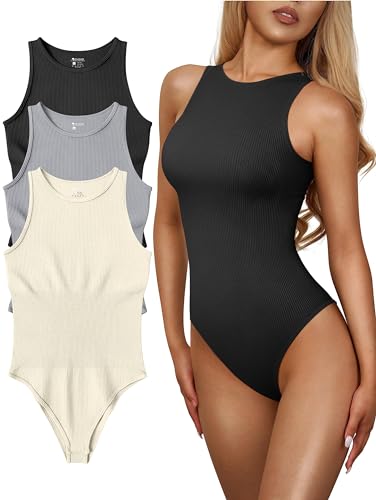 OQQ Women’s 3 Piece Bodysuit - ribbed halter leotard