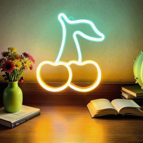 Image of Cherry Neon Signs Aesthetic Decor for Birthday Fruit Themed Party Favors,Baby Shower Decorations,Girls Bathroom Christmas Wall Art,USB or Battery Powered