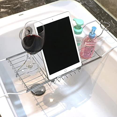 Bdl Stainless Steel Bathtub Caddy Tray, Expandable Bath Tub Table Shelf Bath Organizer With Reading Pad Rack Or Tablet Holder, Candle Holder And Including Two Wine Glass Holders (Silver) #TOP14