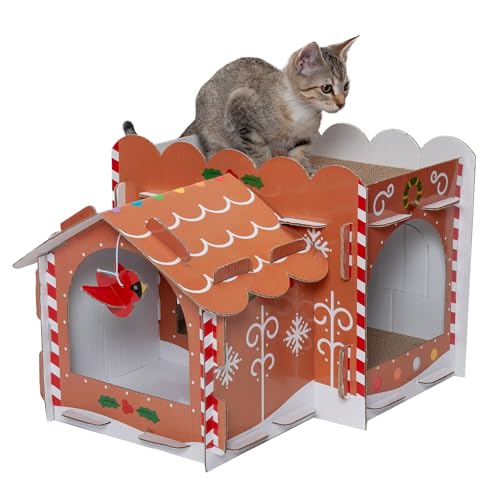 Image of Furhaven Pet Furniture for Cats and Kittens - Decorated Gingerbread Christmas Chateau Cat Scratcher Hideout with Catnip and Bonus Busy Box, Holiday Print, One Size