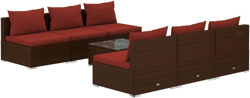 vidaXL Outdoor Patio Lounge Set with Cushions - 5 Piece, Modular Design, Durable Poly Rattan Material, and Comfortable Fabric Cushions - Brown and Cinnamon Red
