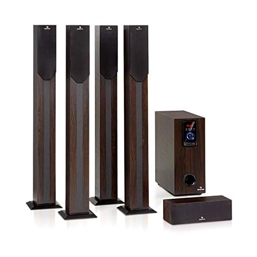 auna Areal Elegance 5.1 Soundsystem - Lautsprechersystem, Heimkinosystem mit 190 Watt RMS, Heimkino mit 5" Subwoofer, 5 x Satelliten-Lautsprecher (3"+5"), Bluetooth, USB/SD, dunkle Holzoptik