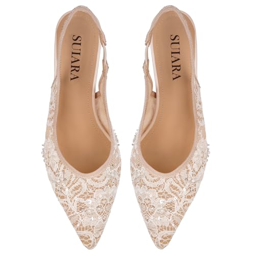Image of Slingback Wedding Heels for Women Bridal Lace Mesh Kitten Heel Closed Pointed Toe Pearl Pumps Shoes