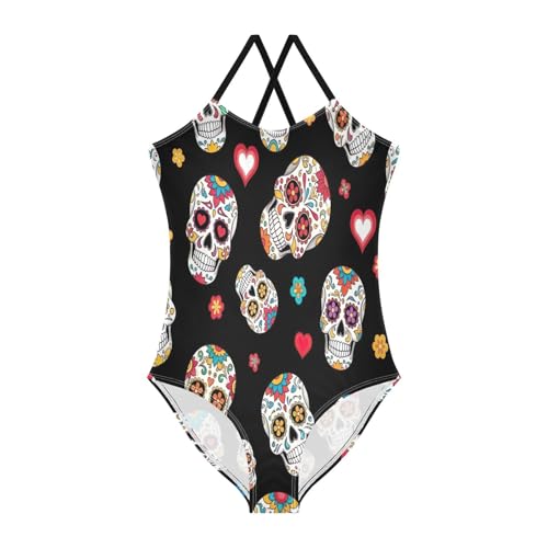 Colorful Skulls Floral Girl Swimsuit One Piece, Summer Beach Bathing Suit, 3-10