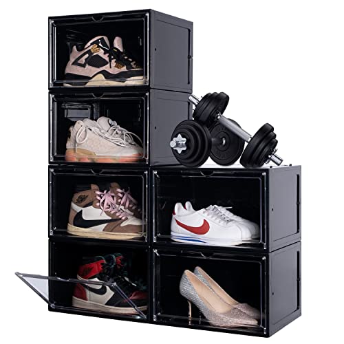 Sinuolin Shoe Box Shoe Storage Organizer 2023 New 6 Pack Clear Plastic Stackable Side Drop Front Display Foldable Sneaker Containers Bins Fit Up To Size 12 (Black) #TOP6