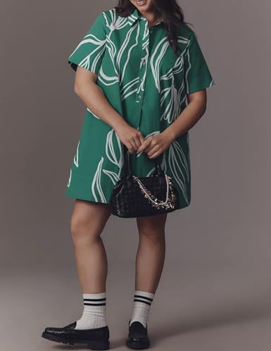 Image of Women's Short Sleeve Swing Tunic Mini Dress Button Up Blouse Shirt Summer Loose Casual Flowy A Line Short Dresses Green Flower
