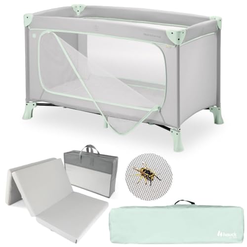 hauck Lit Parapluie Bébé avec Matelas et Moustiquaire Dream N Play Plus, Lit Voyage Bébé Pliable avec Ouverture Latérale et Sac de Transport – Dusty Mint