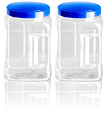 DecorRack 64 Ounce Clear Plastic Jars with Blue Round Lids, Wide Storage Containers, Mason Jars, BPA Free Canisters for Snacks, Treats, Cookies Dry Goods, Spices, For Kitchen & Household