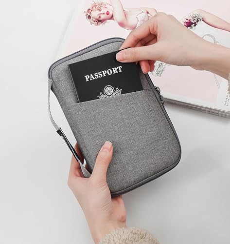 Image of House of Quirk Travel Passport Holder | Unisex Document Organizer Bag for Tickets, Bills, ID Cards, Boarding Pass, Passport - Solid Color, Lightweight & Zip Closure (Grey)