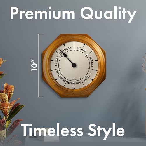 Classic Day of The Week Wall Clock - 10" Solid Oak Wood Frame, Ideal Retirement Gift for Men and Women, Day Clock for Seniors and Retirees