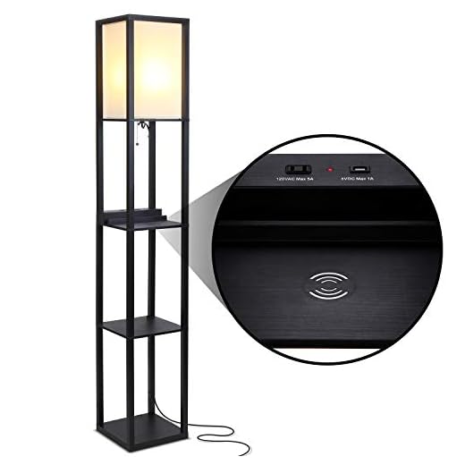 Brightech Maxwell – Modern Shelf Floor Lamp with USB Ports, Wireless Charging Station & Outlet – Living Room and Office Corner Display Floor Lamps with Shelves – Fits on Bedroom Nightstands – Black