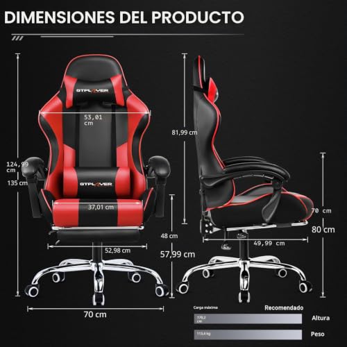Miniatura 3 de Gtplayer Silla Gaming Con Masajeador Ergonómica Silla Gamer Con Reposapiés Reposacabeza, Silla De Oficina Ergonómica, Soporte Lumbar, Silla Juego Ajustable En Altura, Rojo