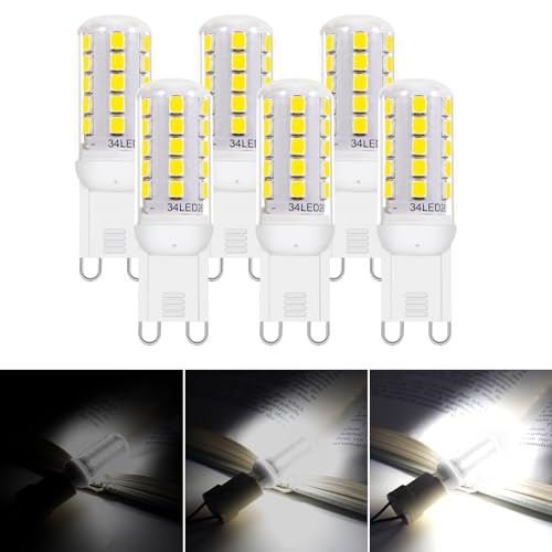 I-SHUNFA G9 LED bombilla regulable, blanco frío 6000K AC:230V 3.2W reemplazo 30w G9 bombilla halógena, G9 LED lámparas de ahorro de energía G9 bombilla pequeña (paquete de 6)