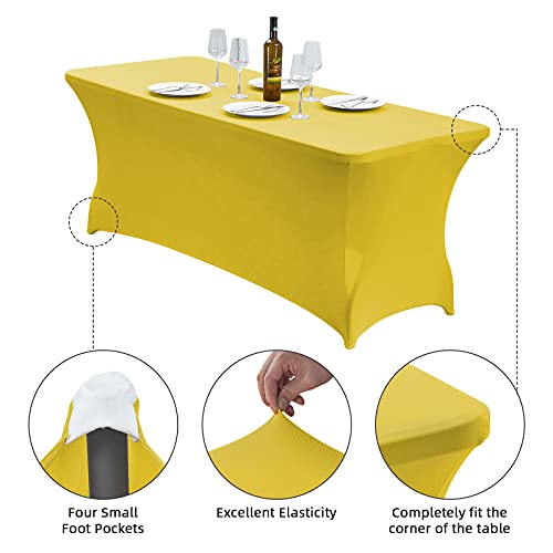 Image of CWK 4FT Waterproof Stretch Spandex Table Cover for Rectangular Tables - Elastic Fitted Tablecloth for Folding Tables,Wrinkle Resistant Table Cloth for Parties, Weddings, Banquets & Events (Yellow)