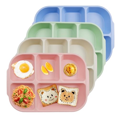 greenandlife Platos de plástico irrompibles, platos de control de porciones con 5 compartimentos, juego de 4 platos divididos reutilizables, aptos para microondas y lavavajillas, plato de picnic