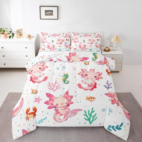 Erosebridal Axolotl Bedding Set King Size,Pink Kawaii Comforter Set for Kids Boys Girls,Colorful Cute Quilt Beach Ocean Animals Duvet Insert 2 Pillowcases