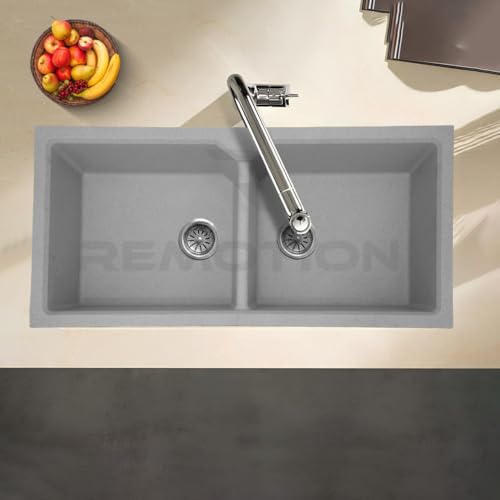 Image of REMOTION Granite Quartz Double Bowl Kitchen Sink With Drain Board Flushmount /Undermount /Top Mounted Kitchen Sink | Sinks For Kitchen (45 x 20 x 9 Inch) (Grey Sand)