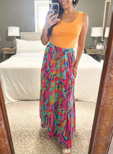 Image of Happy Sailed Womens Floral Print Boho Maxi Skirt Elastic High Waist Pleated Ruffle Flowy Long Skirts S-XL