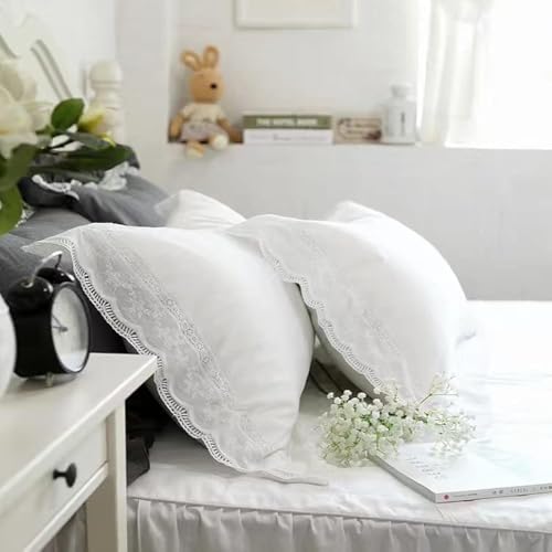 White Lace Pillow Shams Standard Covers Cotton Shabby Chic Pillowcases for Bed French Country Princess 2PCS 20"x26"