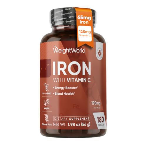 WeightWorld Iron 65mg with Vitamin C 125mg Tablets for Blood Health Energy & Immune Support | 180 Tablets (6-Month Supply) | Gentle Iron Supplement for Women & Men - Vegan Non-GMO