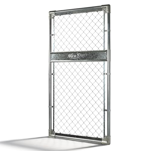Epcee 2.6ft x 5ft Galvanized Steel Chain Link Fence Gate, Heavy-Duty Metal Gate with Decorative Trim, Adjustable Chain Link Tension Bands & 304 Stainless Steel L-Connectors for Yard Garden Farm