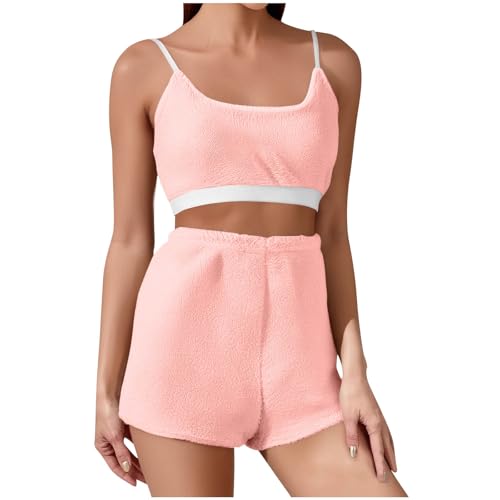 Women's Fashion Sleepwear Tank Top & Teddy Shorts Lounge Pajama Set Flannel Loose Elastic Solid Color Winter Sets Pink