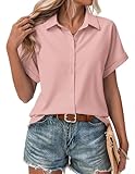 Zeagoo Casual Tops for Women Short Sleeve Button Down Shirts Ladies Summer Blouses Business Work Clothing Pink